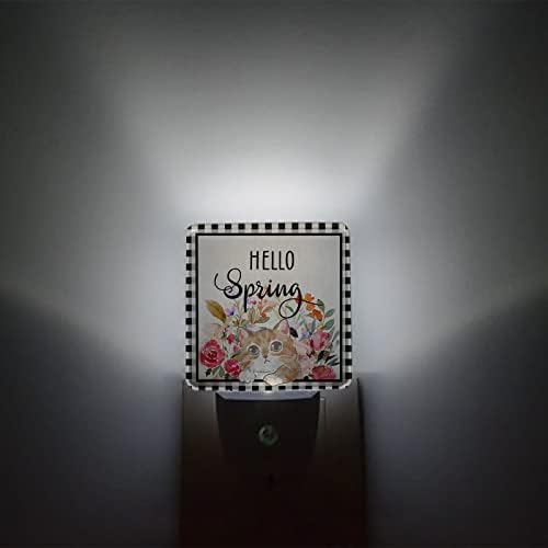 Noćno svjetlo za djecu, zdravo Spring Kitten Flowers na crno bijelom kariranom LED noćnom svjetlu Priključite se na zid sa svjetlosnim