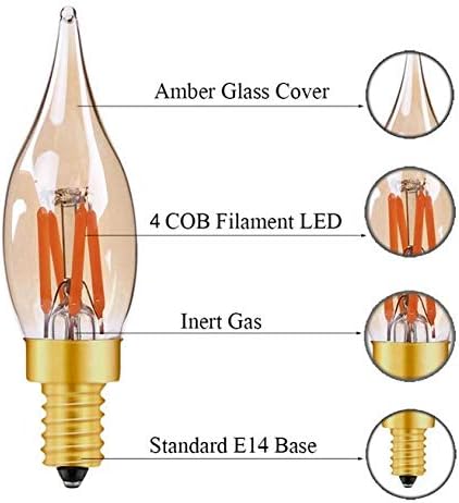 Lxcom rasvjeta 2W C22T Edison LED žarulje sa žarnom niti-E12 Osnovni plamen vrh Vintage Luster Svjetlo toplo Bijela 2200k 16w ekvivalentna Antikna sijalica za svijeće, AC110V