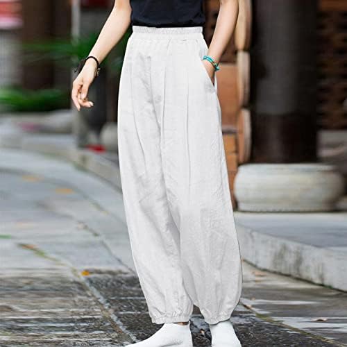 Žene 2023 posteljine pantalone, pamučne pantalone od pamuka elastične struke Ležerne prilike ljetne čvrste labave fit palazzo hlače