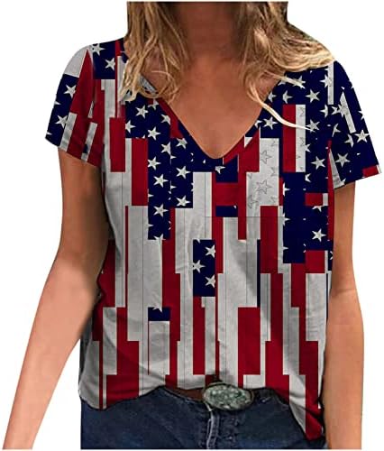 4. jula Ženski vrhovi V izrez kratki rukav majica Ležerna američka zastava Tunika Neovisnost Dnevna majica