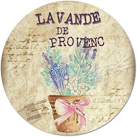 Okrugli metalni limen znak Francuski Lavande de Provence Provence Lavanda Cvijeće Vintage vijenac Potpisuje metalni poster za rat