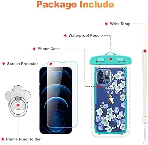 [5-in-1] RoseProt iPhone 12 Case & iPhone 12 PRO futrola sa zaštitnikom zaslona + držač prstena + vodootporna torbica, čist sa cvjetnim