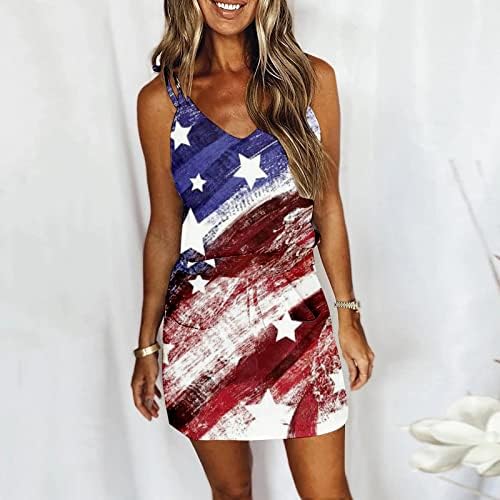 4. jula haljina za žene ljeto američka zastava Tank haljina sa džepovima elastični struk špageti remen V-izrez Mini sarafan