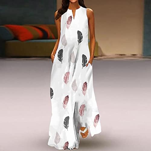 Ženski ljetni casual print bez rukava V izrez Maxi Labava haljina Boho Beach Long Cami Seunderss s džepovima