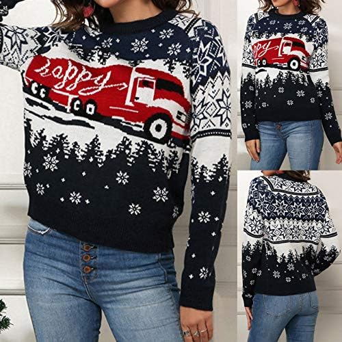 Ženska grafički džemper snježno pahuljice gornji božićni kamion pleteni pulover sretan odmor na dugim rukavima, ležerne džumke
