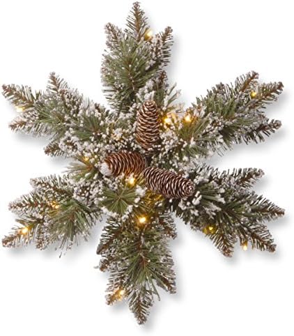 Nacionalna stabla Prethodna umjetna božićna božićna snježna pahuljica, zelena, blistavi borov bor, ukrašen borovom konusom, smrznutim