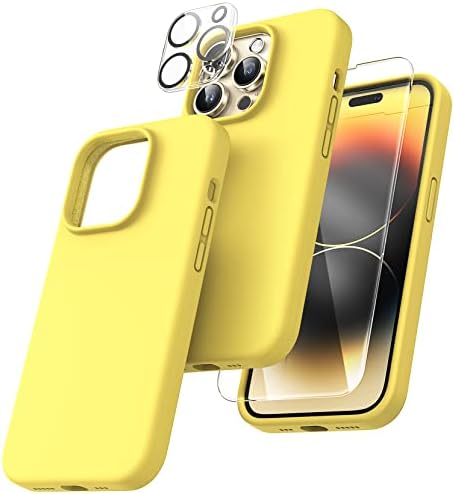 Tocol [5 na 1 Dizajniran za iPhone 14 PRO futrole, sa 2 pakovanjem zaštitnika zaslona + 2 pakovanje zaštitnika za fotoaparat, tekući silikonski telefon 6,1 inča, [protiv ogrebotina], kanarička žuta