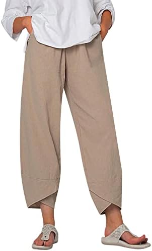 Ženske obrezirane posteljine ilastične ljetne hlače sa širokim nogama pantalone sa džepovima sa džepovima