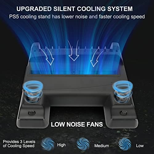 LINGSFIRE PS5 stalak sa ventilatorom za hlađenje i stanicom za punjenje kontrolera, Crni stalak za dodatnu opremu za PS5 sa stanicom