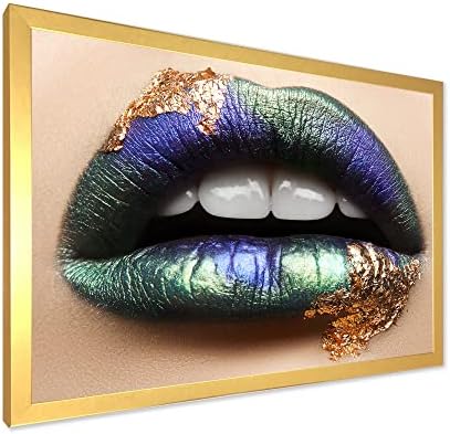 DesignQ ženske usne sa zelenim karminom & zubi moderni uokvireni zid Art