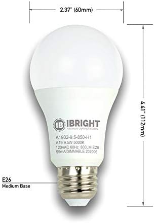 IBRIGHT A19 sijalice sa mogućnošću zatamnjivanja 9.5 W , E26 baza sijalice, 120VAC, 800 lumena Daylight White 5000k, radi sa prekidačima/dimerima