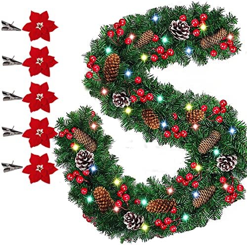 9ft Božićni ukras vijenca sa 50 svjetala / 15 borovih konusa / 160 crvenih bobica / 5 crvenih cvijeta, Xmas Garland Wearther, Xmas