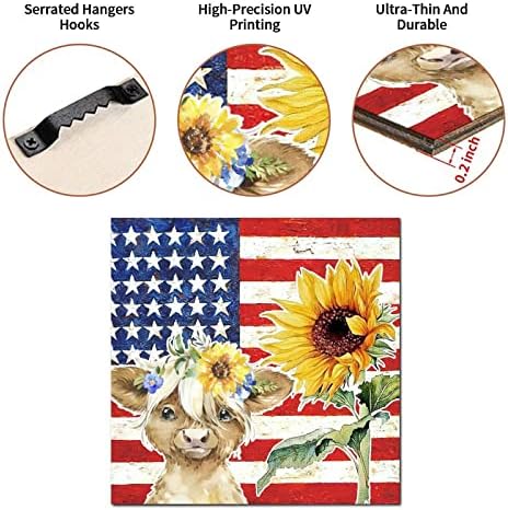 Zemljišta Neovisnost Dan Drvene znakove Vintage Farmhouse Drveni plak Calf suncokretov vijenac Američka zastava Viseća ploča Šimer