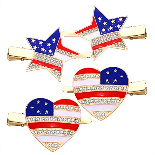 Četvrti klip za kosu Patriotsko crveno bijelo Blue Star Heart frize za žene Djevojke Sparkly Rhinestone Enamel American Flag Metal
