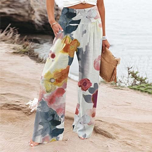 Tunuskat Woemns Ljeto široke pantalone za noge Elastične visoke struke Palazzo hlače cvjetne print casual pantalone za plažu sa džepom