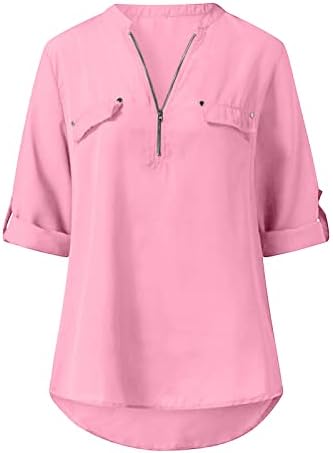 2023 kratki 1/2 rukav V izrez šifon Zip Up Casual Loose Fit Relaxed Fit obična bluza Tee za žensku košulju M9