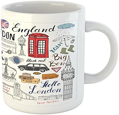 Ambesonne Hipster šolja, volim London dvospratni autobus telefonska kabina taksi kruna Ujedinjenog Kraljevstva Big Ben, keramička šolja za kafu šolja za vodu čaj pića, 11 oz, crvena bijela