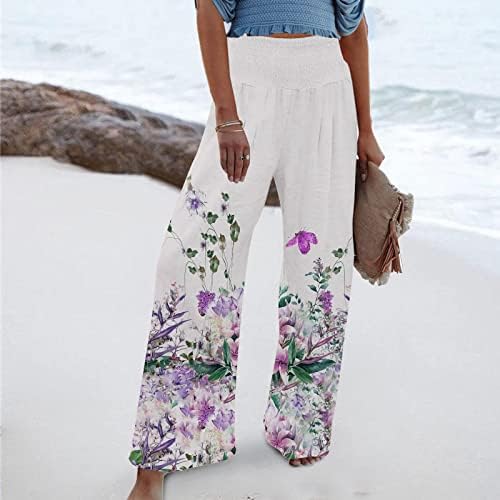 lcepcy ženske pantalone za plažu sa širokim nogama, cvjetne štampane plisirane ljetne pantalone visokog struka labave lagane udobne